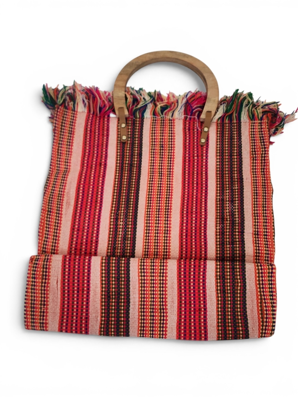 Mersea Red Striped Handwoven Tote with Wooden Handles - Picture 2 of 8